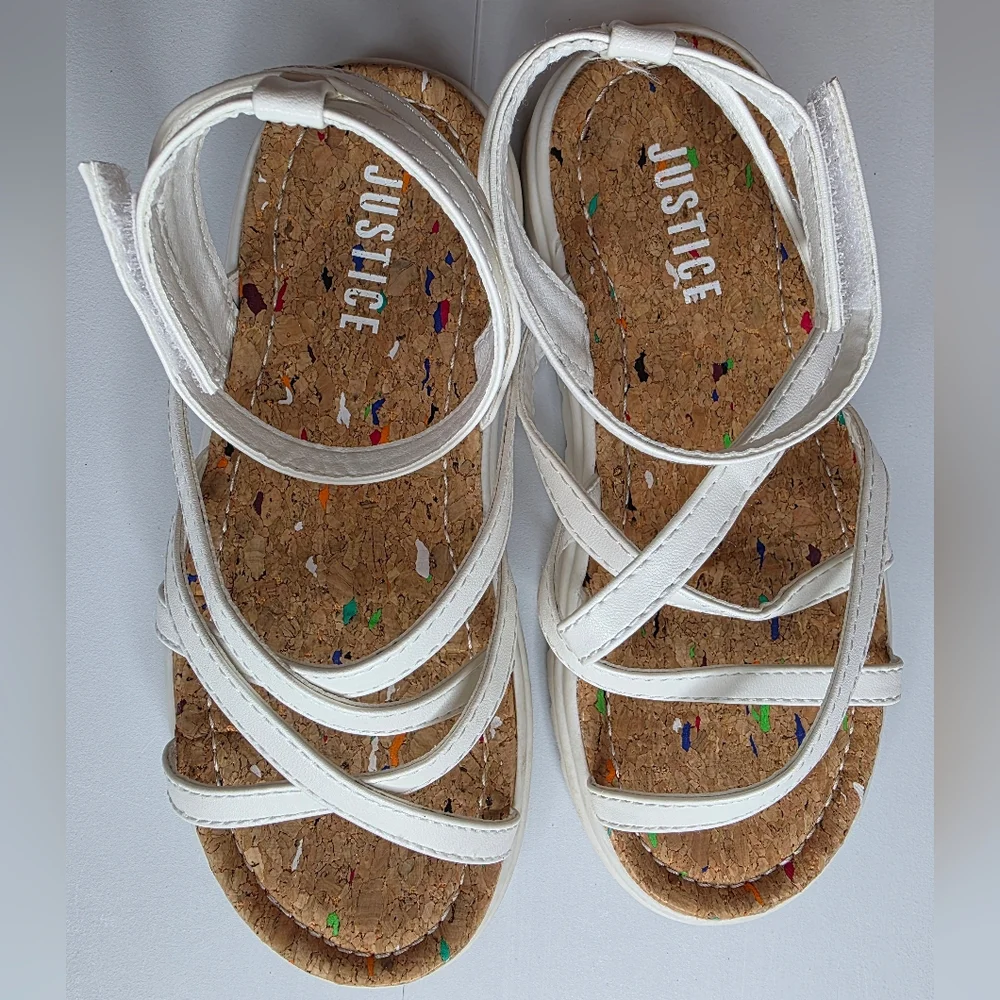 Justice Size 1 Little Girl's Strappy Sandal White Velcro LIKE NEW 2799-L
